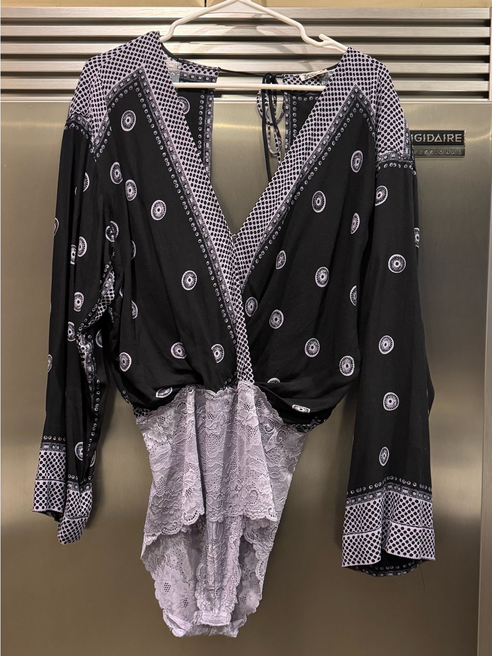 Free People Navy & Lilac Printed Lace-Trim Wrap Bodysuit